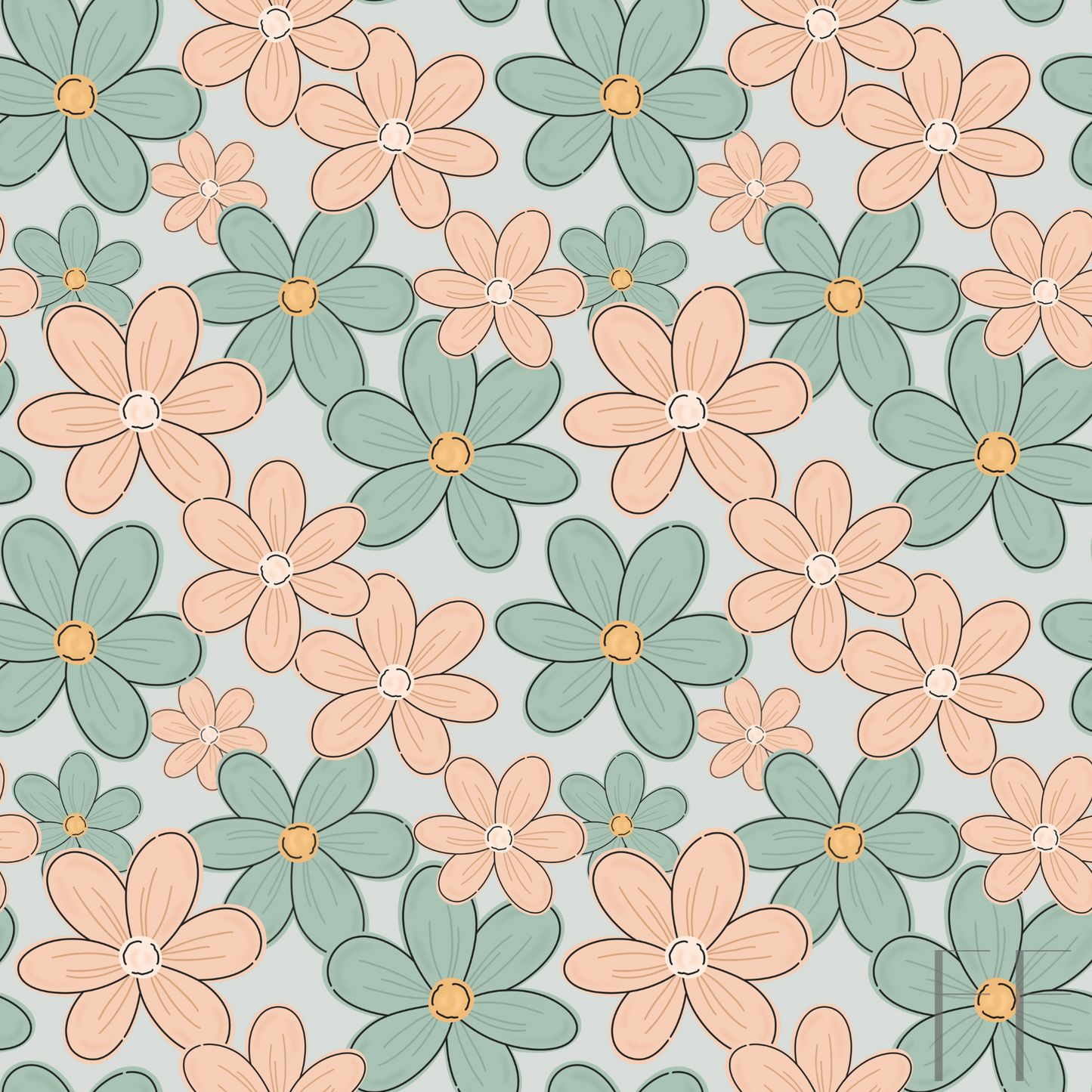 Sage, peach floral