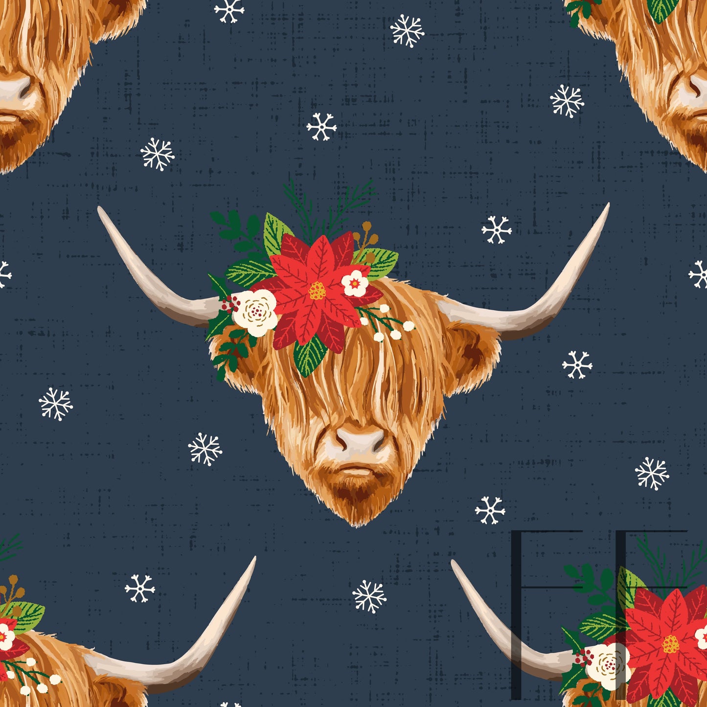 Christmas Highland Cow dark blue pattern Co