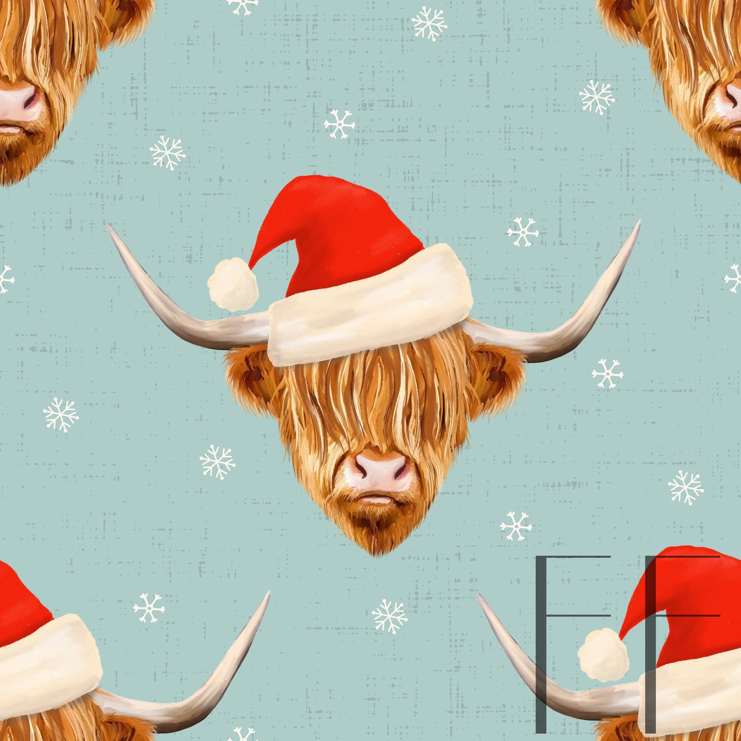 Highland Cow with Santa Hat Dark Grey Raspberry pattern