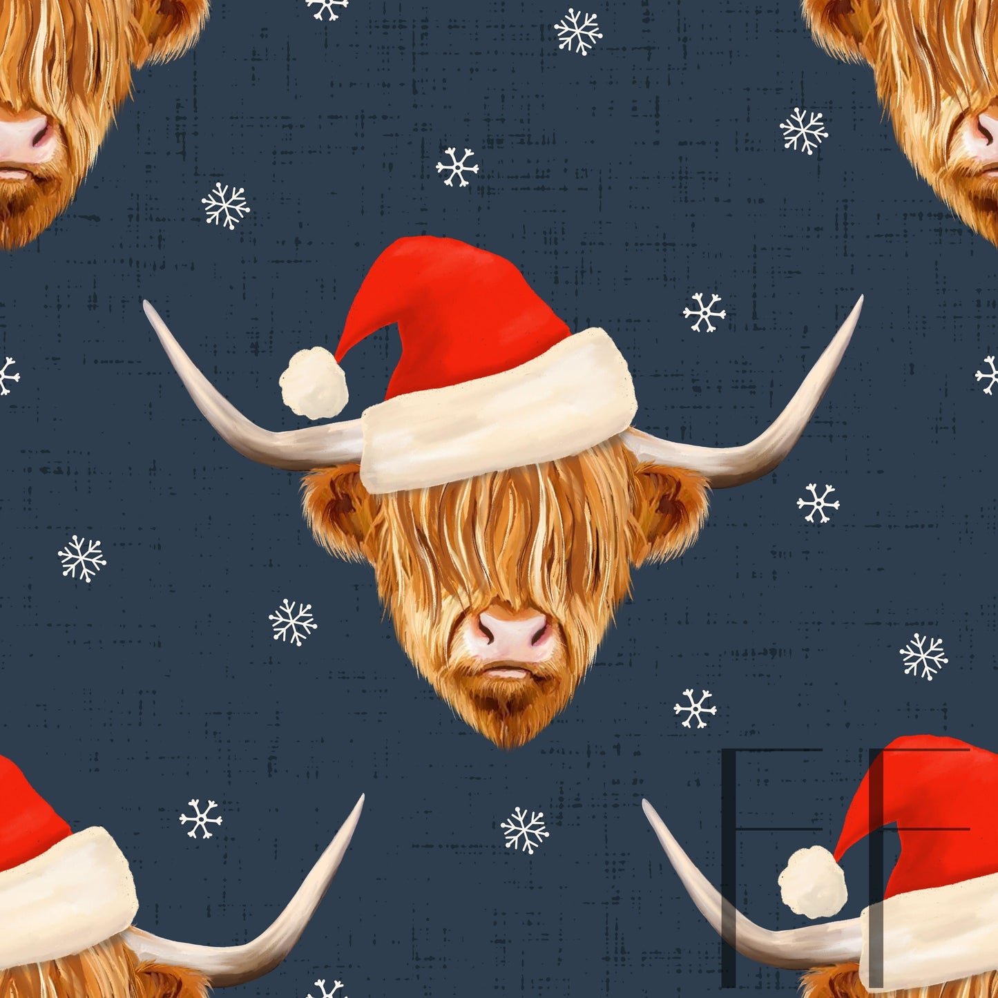 Highland Cow with Santa hat blue raspberry Pattern