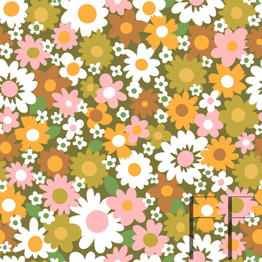 Daisy Delight Moss Green Bg Raspberry Pattern