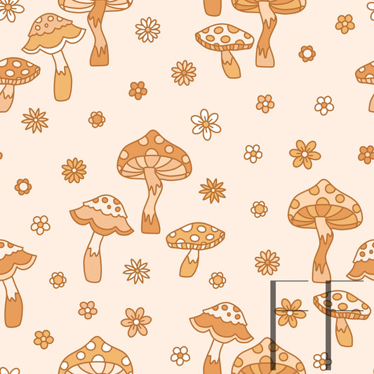 Retro Mushrooms Neutral Raspberry Pattern