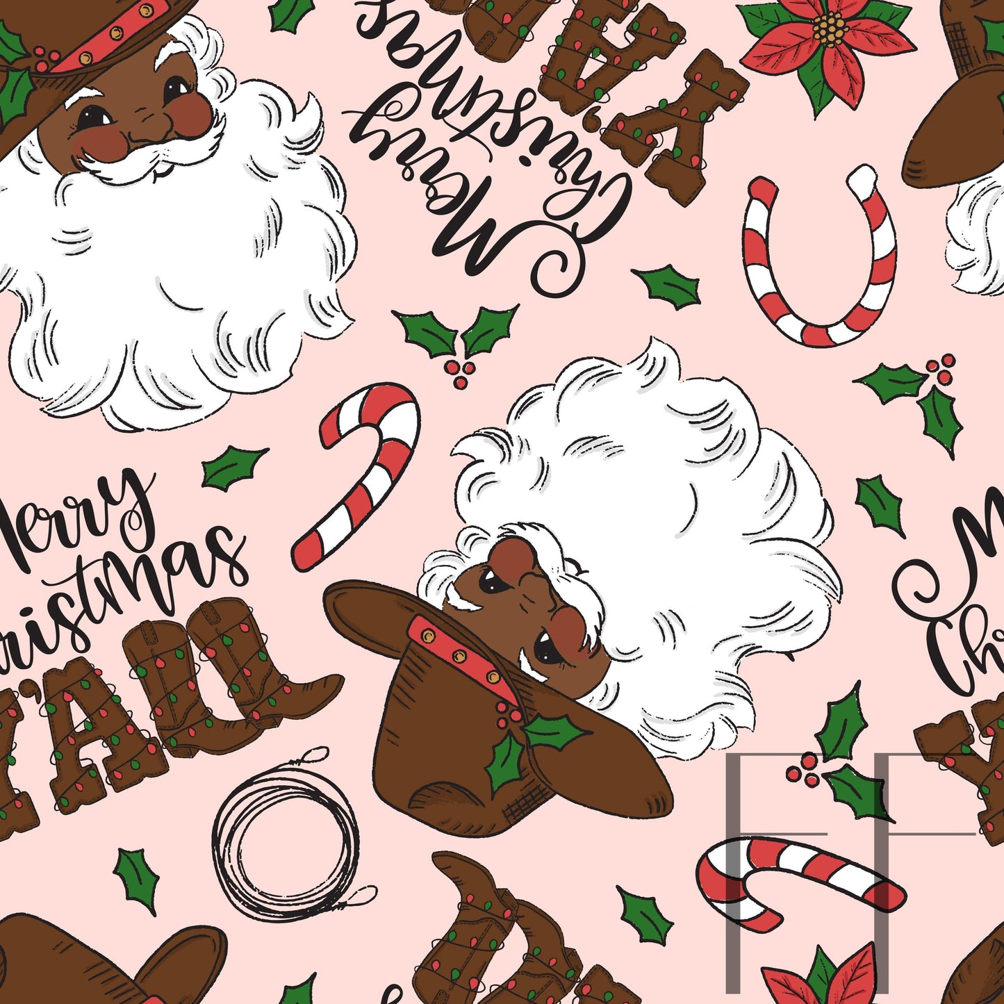 Merry Christmas Yall Dark skin cowboy Santa raspberry Pattern