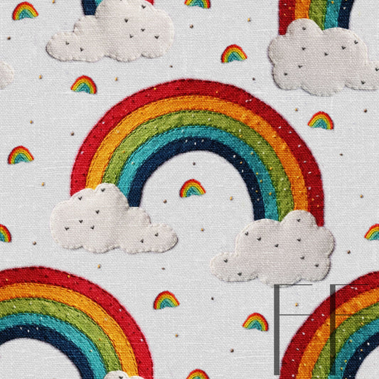 Embroidered Rainbows and clouds raspberry Pattern