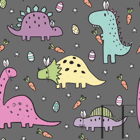 Pastel Easter Dinos Grey Bg Raspberry Pattern