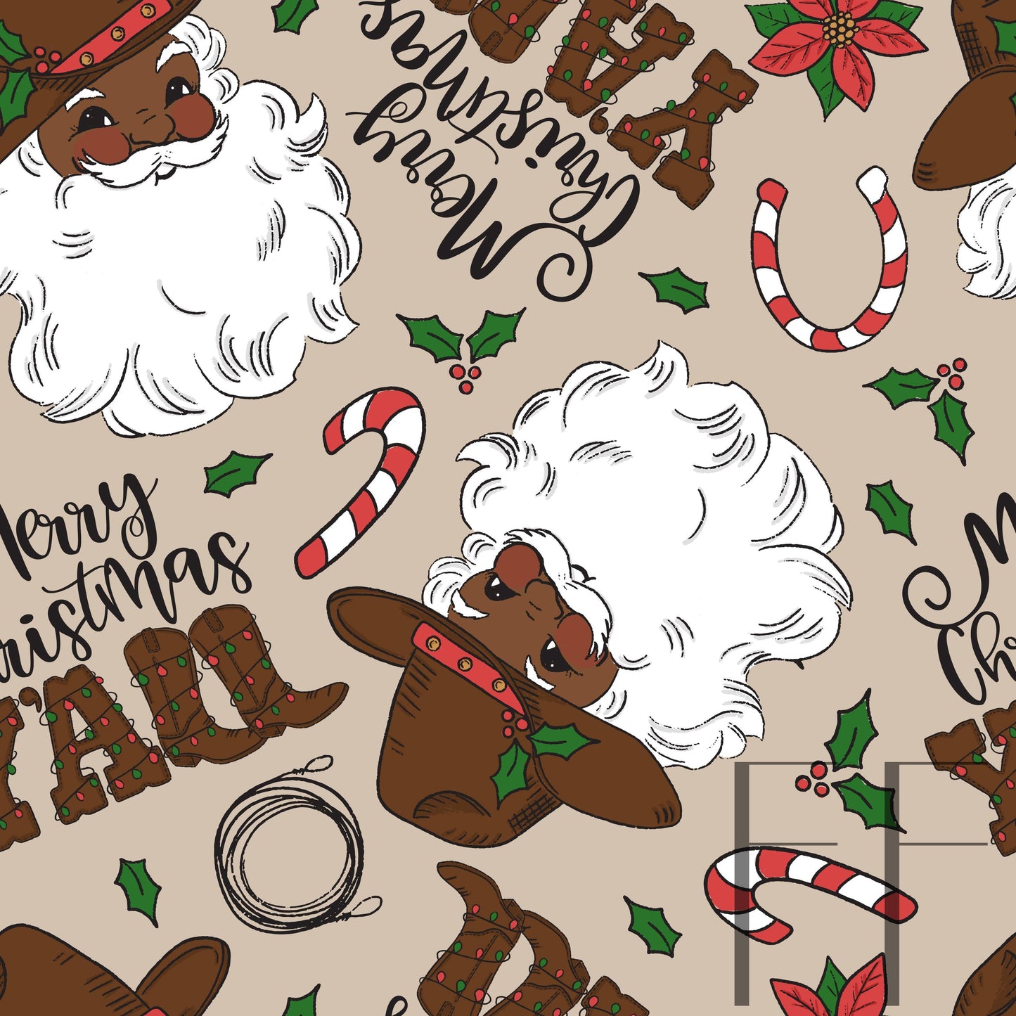 Merry Christmas Yall Dark skin cowboy raspberry Pattern