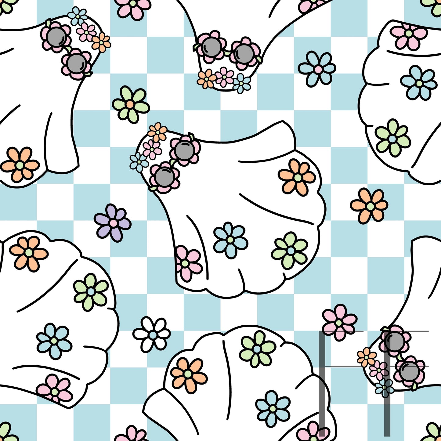 Groovy Ghosts Blue and white checker raspberry Pattern