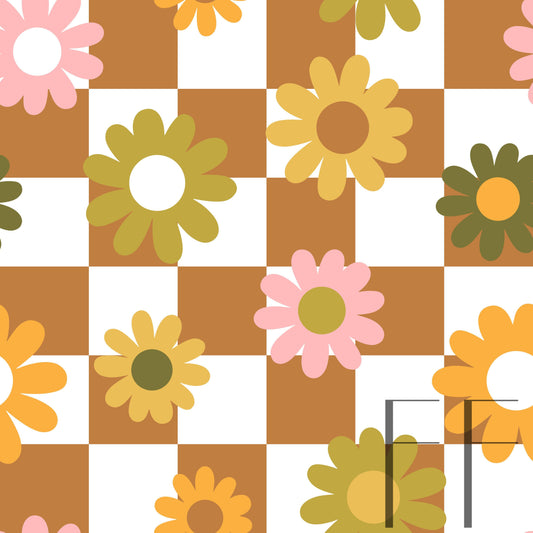 Retro Fall Daisy Checker toasted Raspberry Pattern