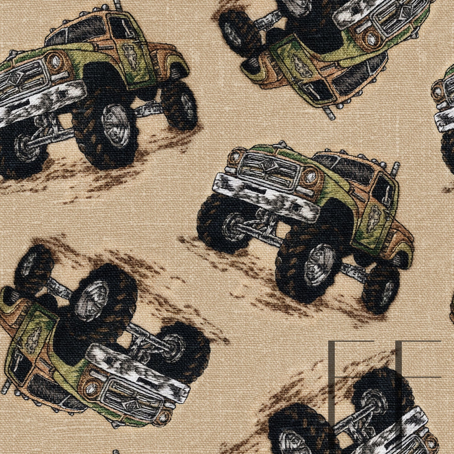 Monster Truck Embroidery camel linen raspberry Pattern