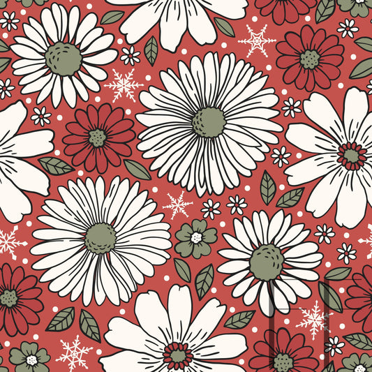 Muted Christmas Snowy Floral Raspberry Pattern