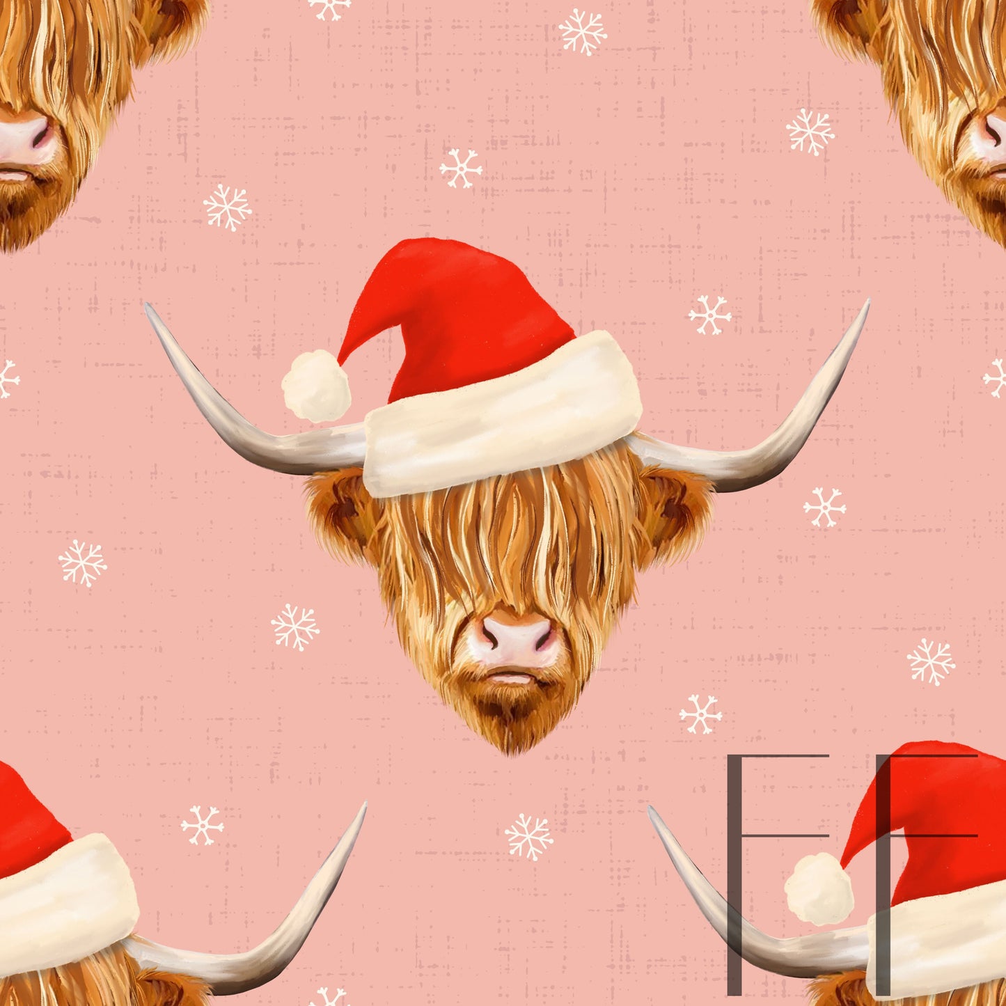 Highland Cow with Santa hat pink Rasbery Pattern