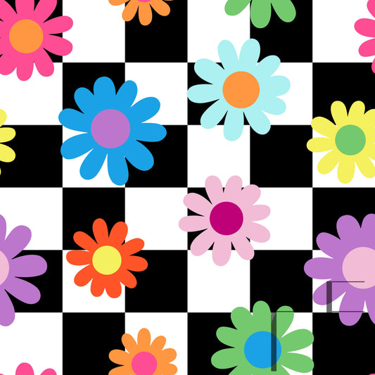 Retro Rainbow Daisy Checker raspberry Pattern