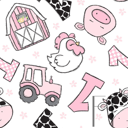 Farm Birthday Girl White Bg Raspberry Pattern