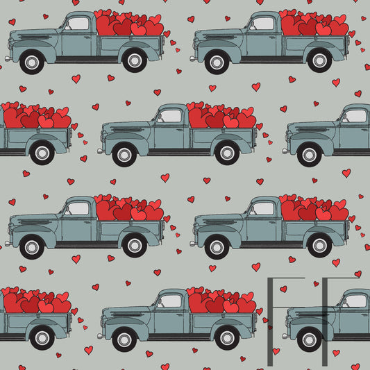 Blue Trucks with Hearts grey bg raspberry pattern