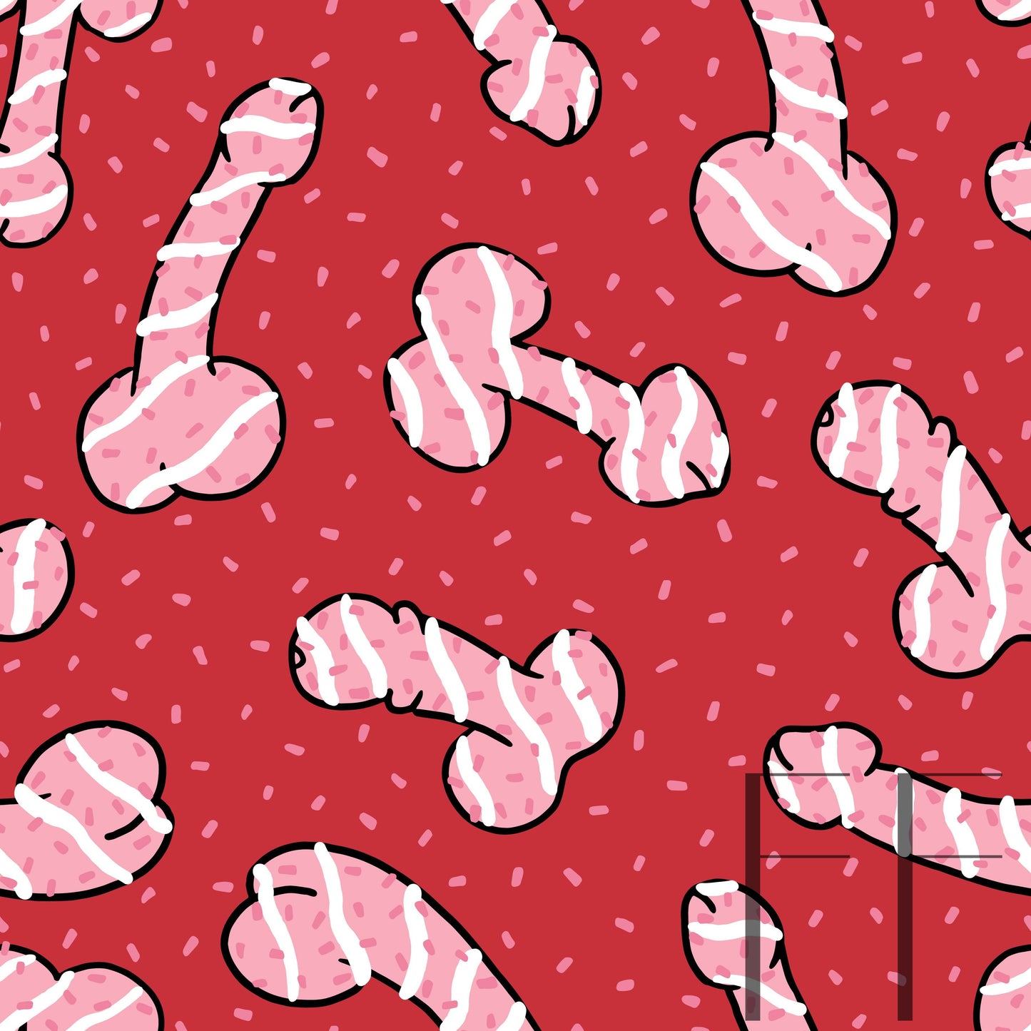 Pink Iced Penis Cakes Red BG raspberry pattern