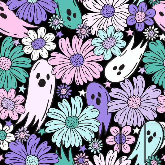 Floral Ghosties Pastel Black BG Raspberry Pattern Co