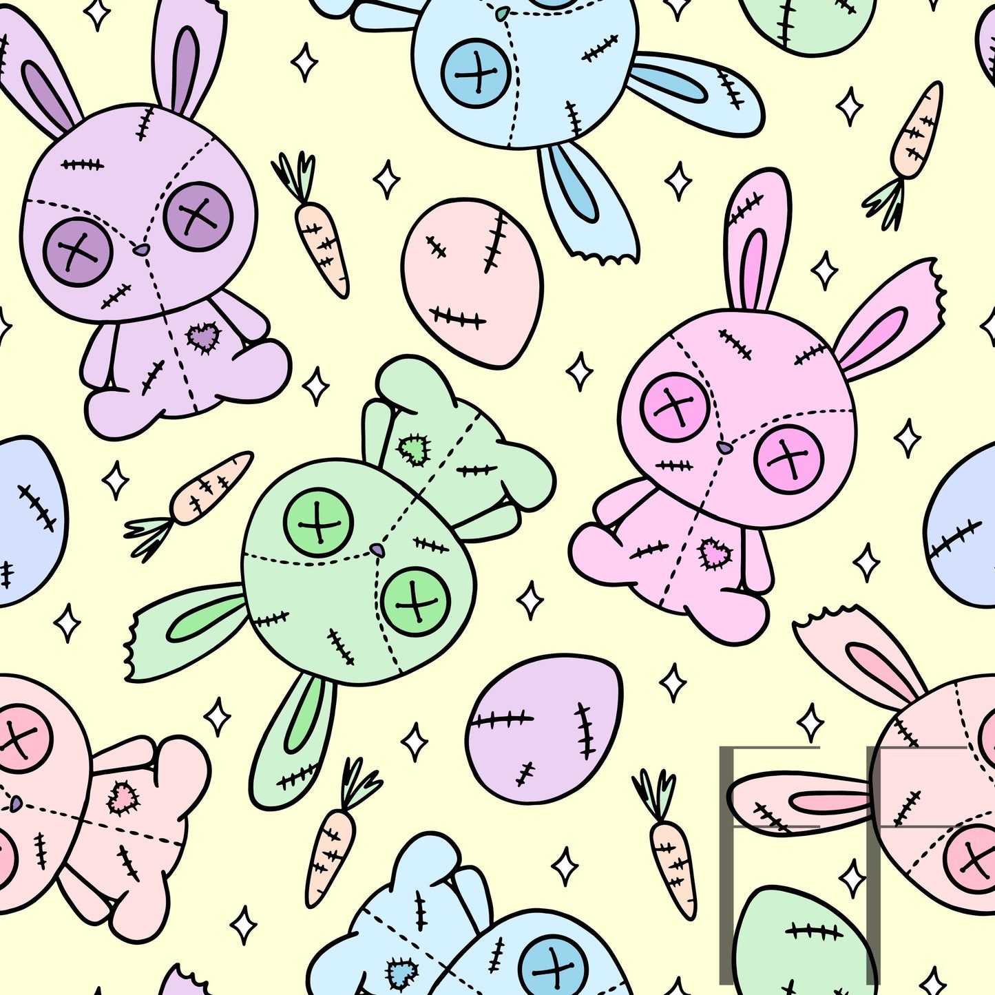 Pastel Rainbow Zombie Bunnies Yellow raspberry Pattern