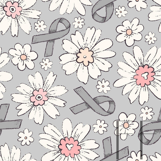 Grey Ribbon Pink Flower raspberry Pattern