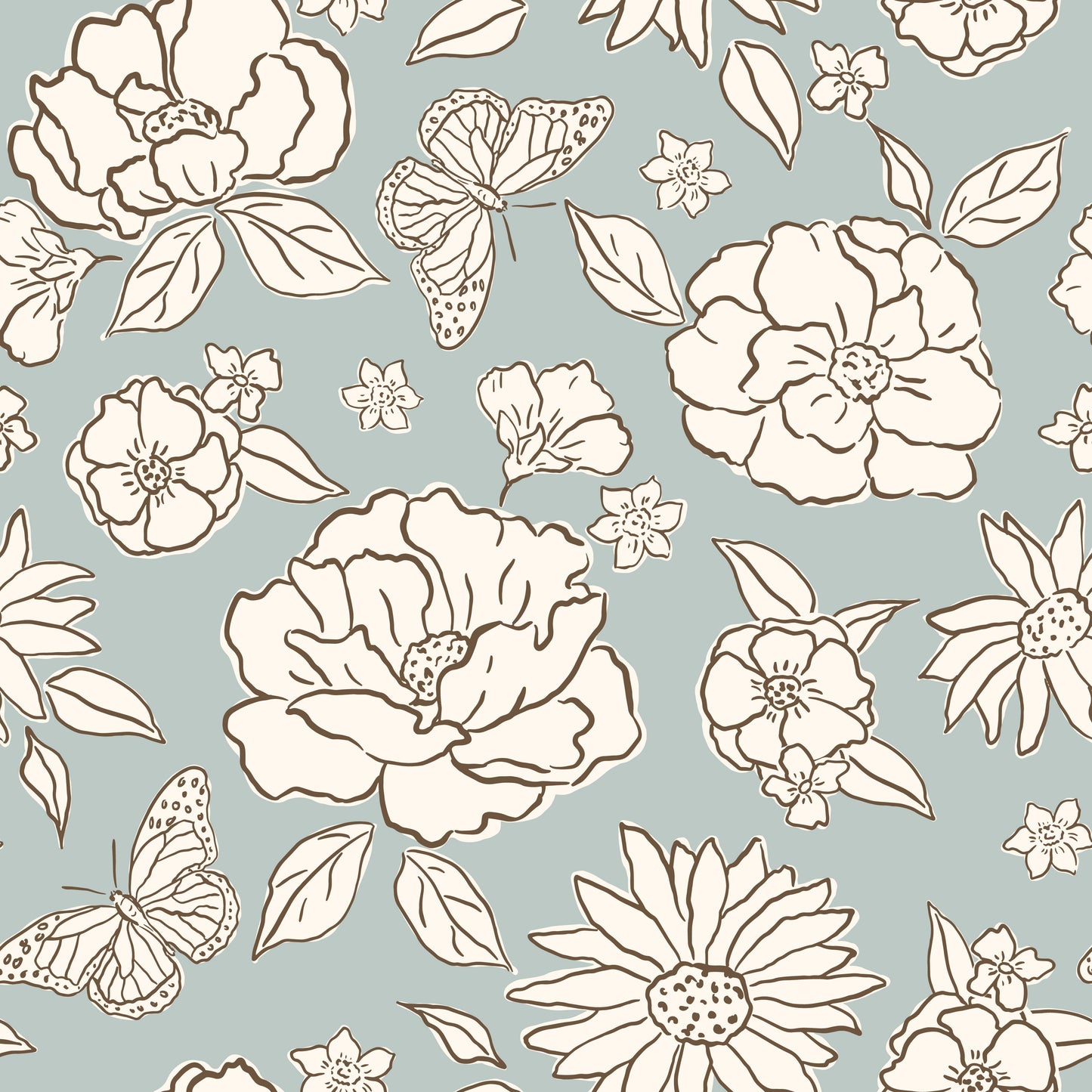 Blooming Sketches Dusky blue raspberry Pattern