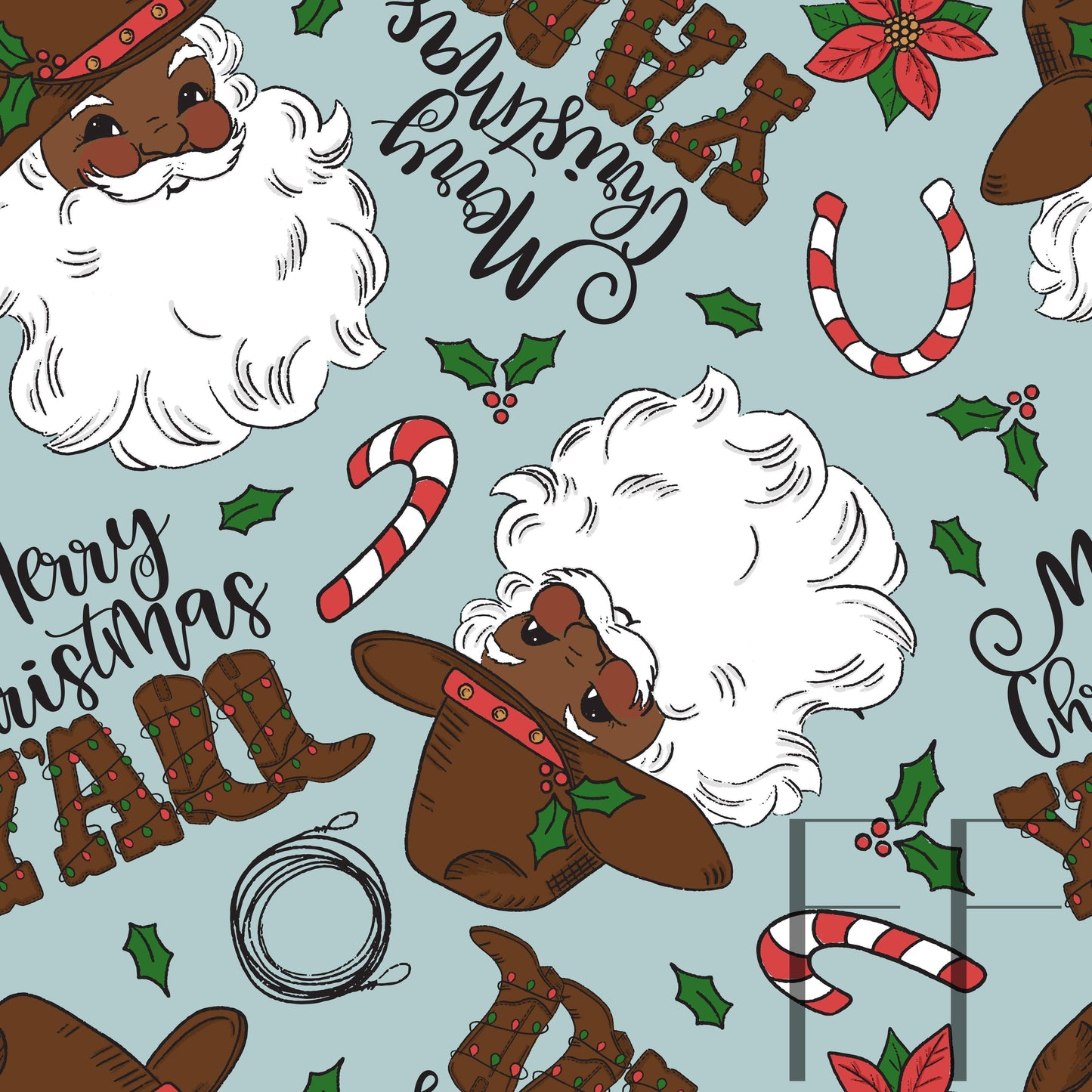 Merry Christmas Yall Dark skin blue Santa raspberry Pattern