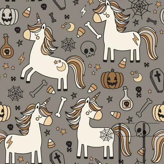 Muted Halloween unicorn sandy grey raspberry pattern