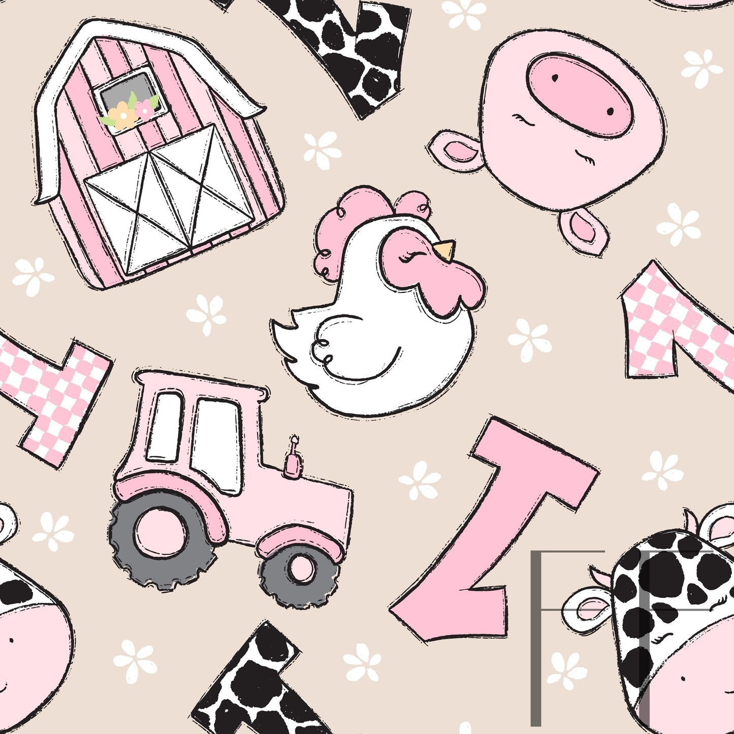 Farm Birthday Girl Beige Bg Raspberry Pattern