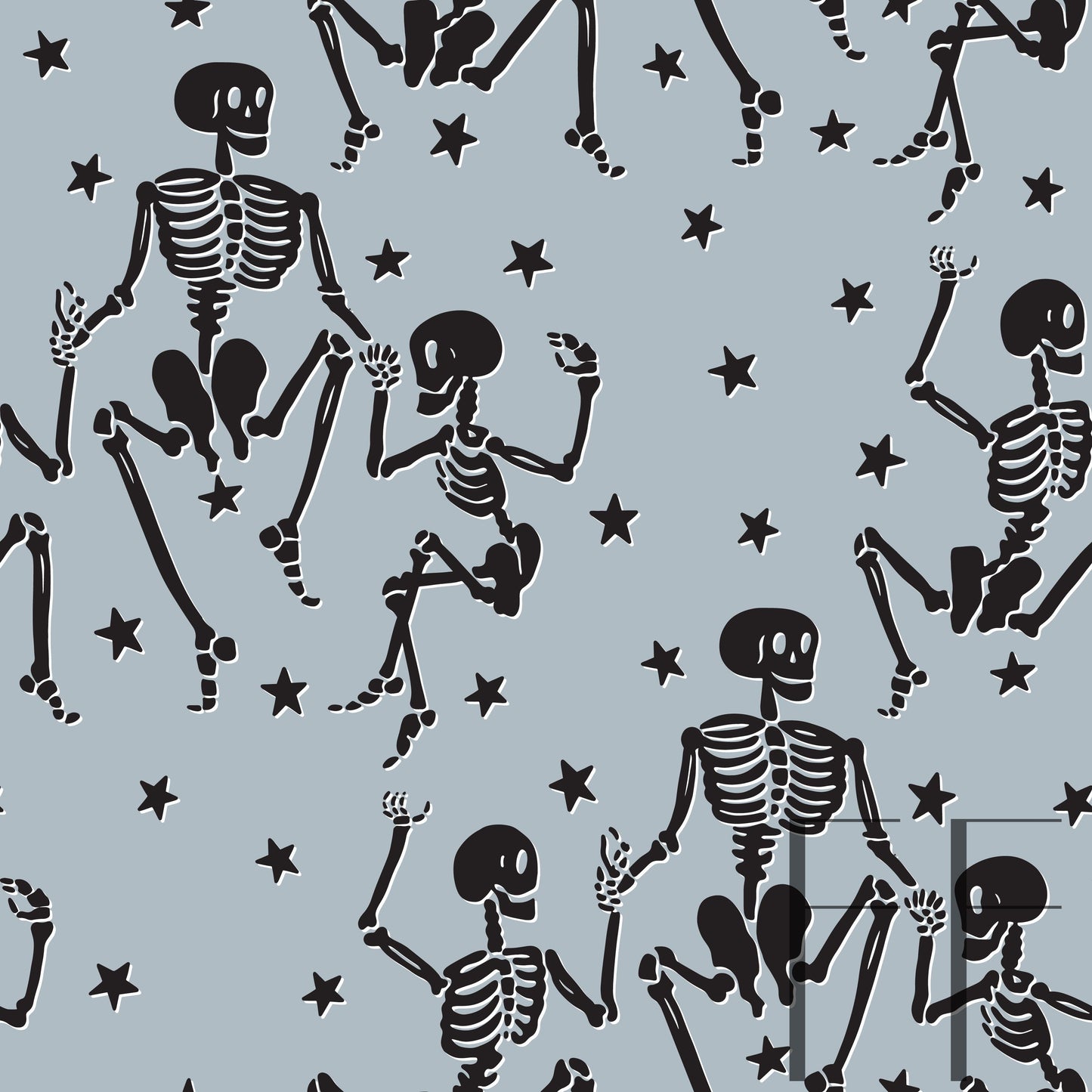 Dancing Skeletons Black on light blue raspberry Pattern