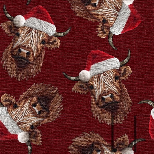 Highland Cow Embroidery red bg raspberry Pattern