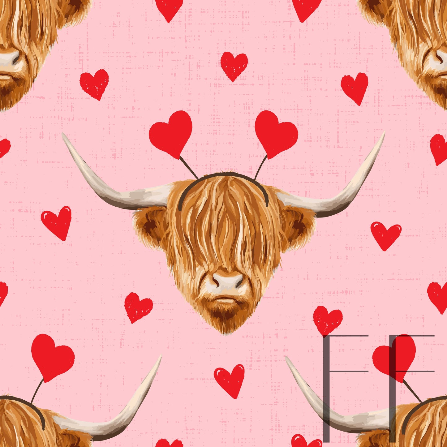 Valentine Highland Cow Pink raspberry pattern