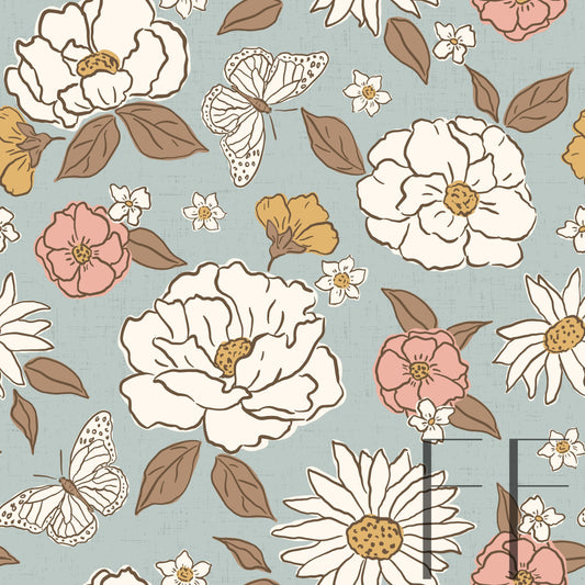 Blooming Dusky Blue Raspberry Pattern