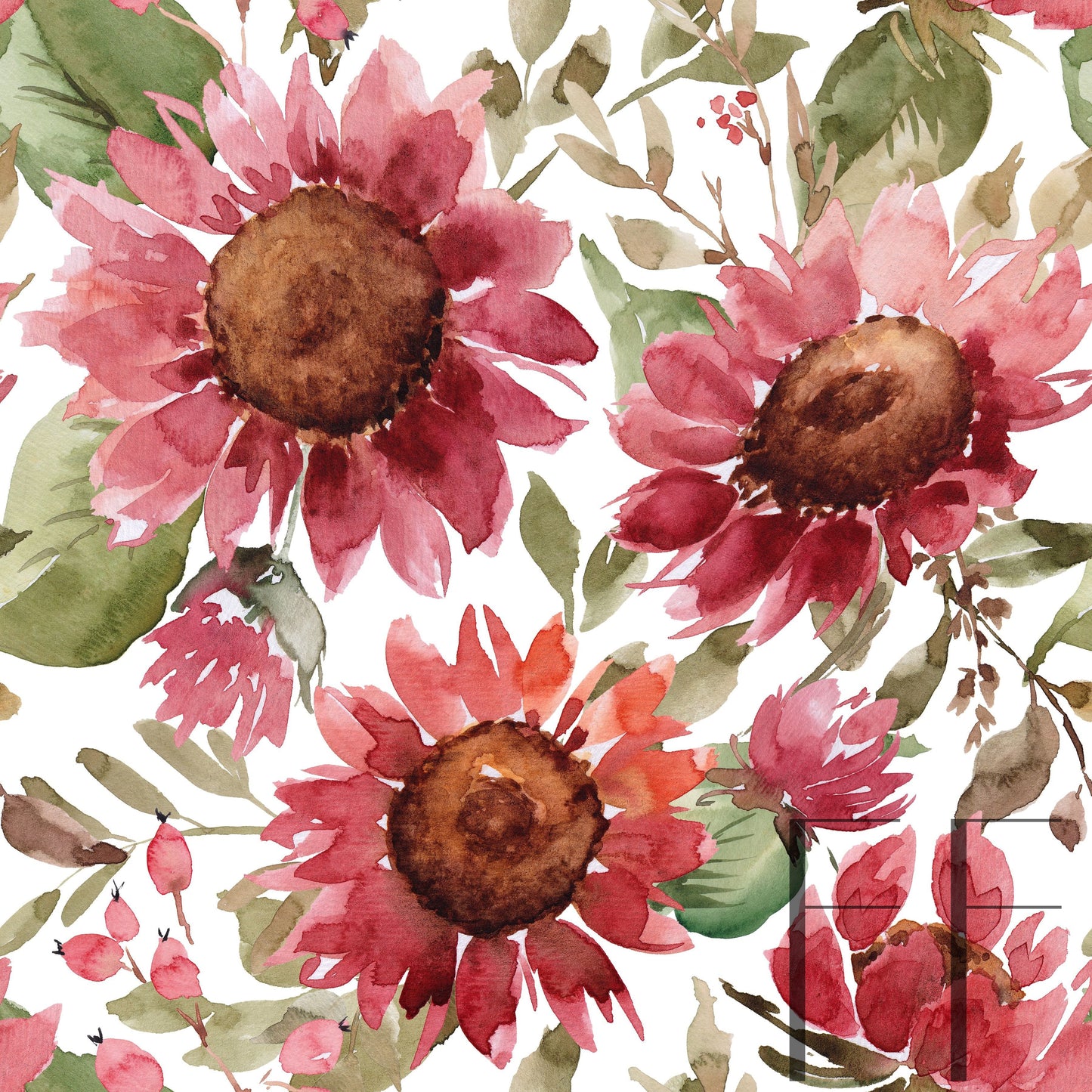 Burgundy Watercolor Sunflower raspberry Pattern