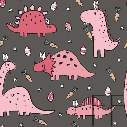 Pink Easter Dinosaurs on Dark grey Raspberry Pattern