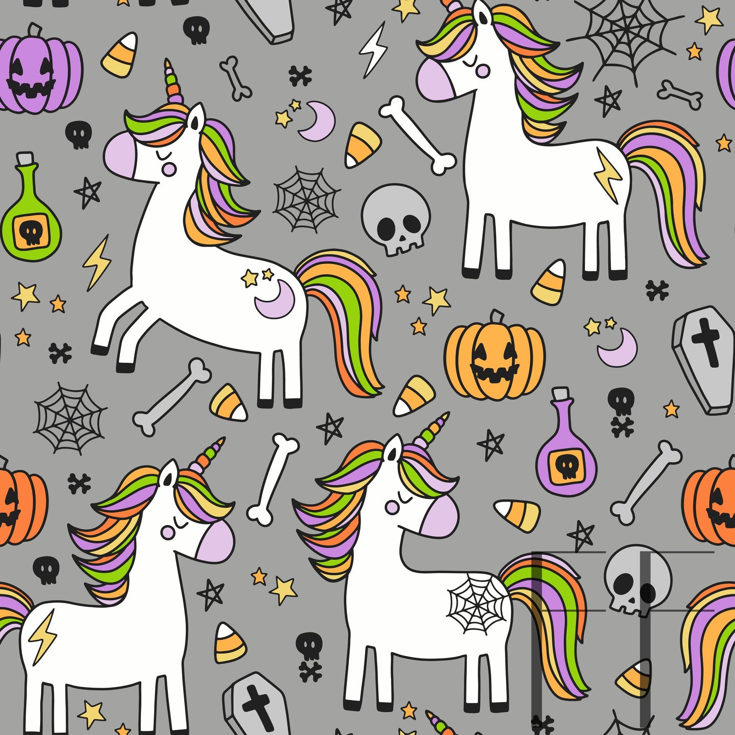 Halloween Unicorns Mid grey raspberry Pattern