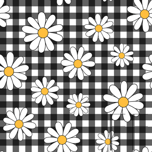 White Daisy Midnight Gingham Raspberry Pattern