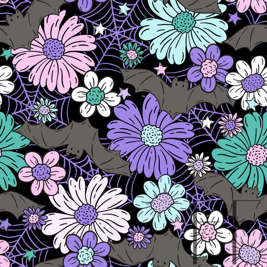 Floral Bats Pastel Black bg raspberry Pattern