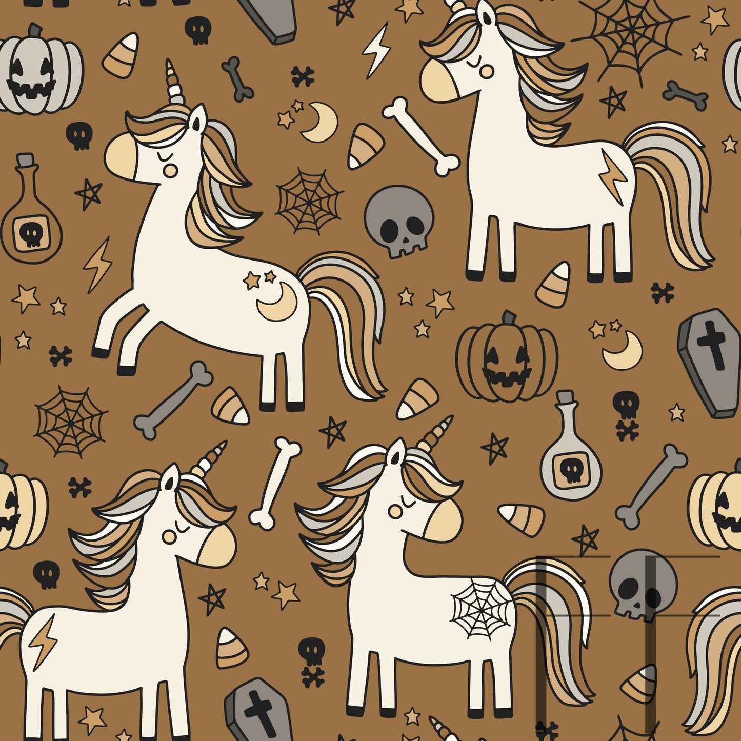 Muted Halloween unicorn sandy grey raspberry pattern