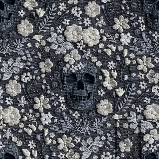 Grey Skull White Floral embroidery Raspberry Pattern