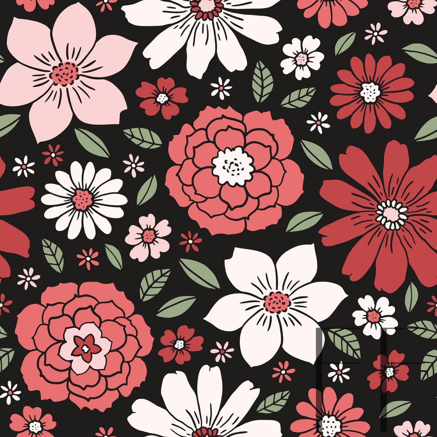 Evelyn Floral in Red Dark Grey Bg Raspberry Pattern