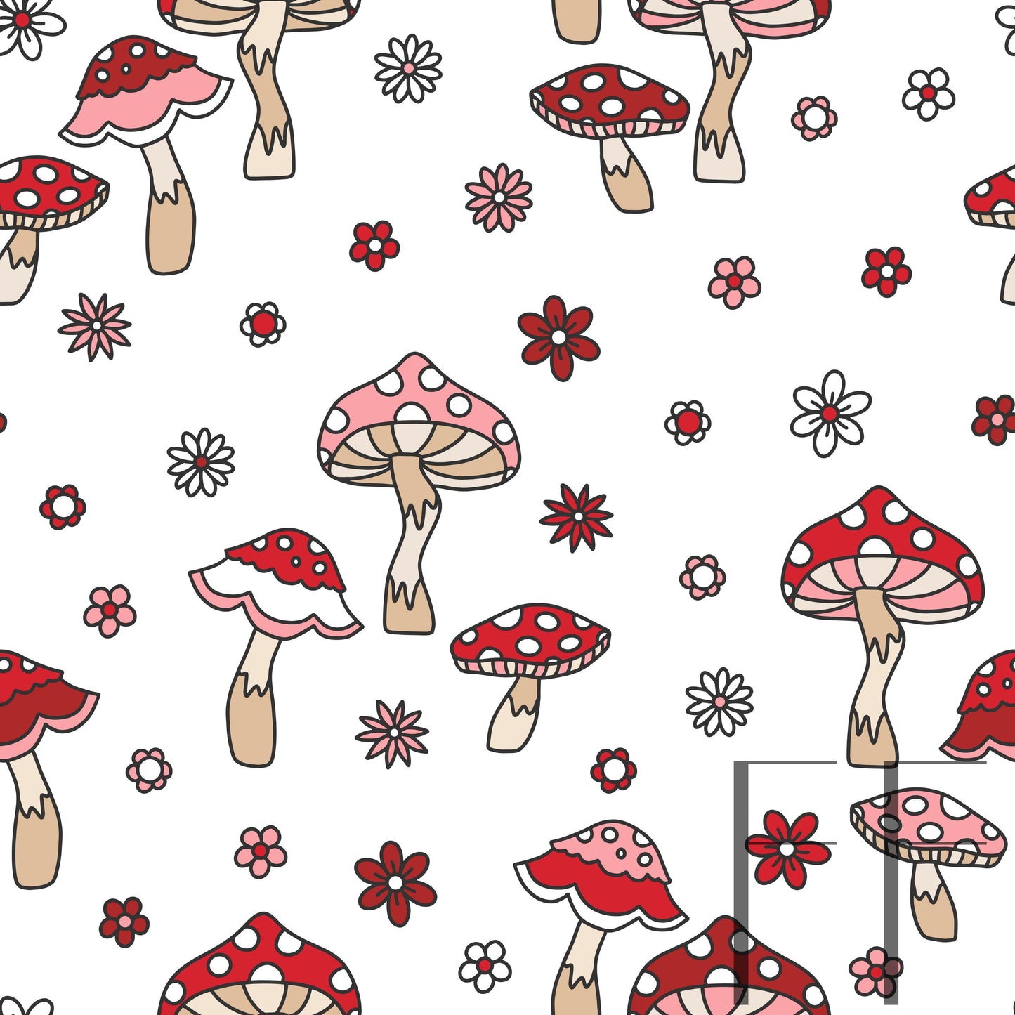 Retro Mushrooms Red on White raspberry Pattern