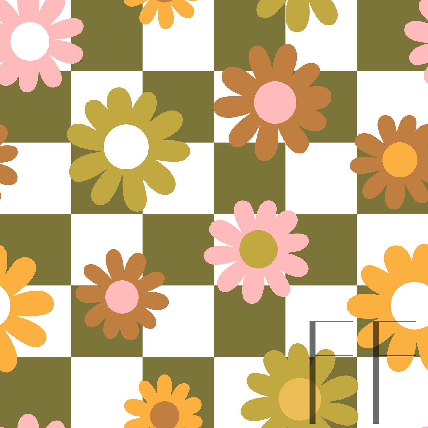 Retro Fall Daisy Checker moss green Raspberry Pattern