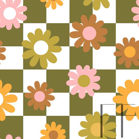 Retro Fall Daisy Checker moss green Raspberry Pattern