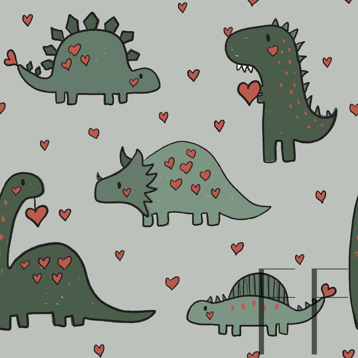 Valentine Dino Green Grey raspberry pattern