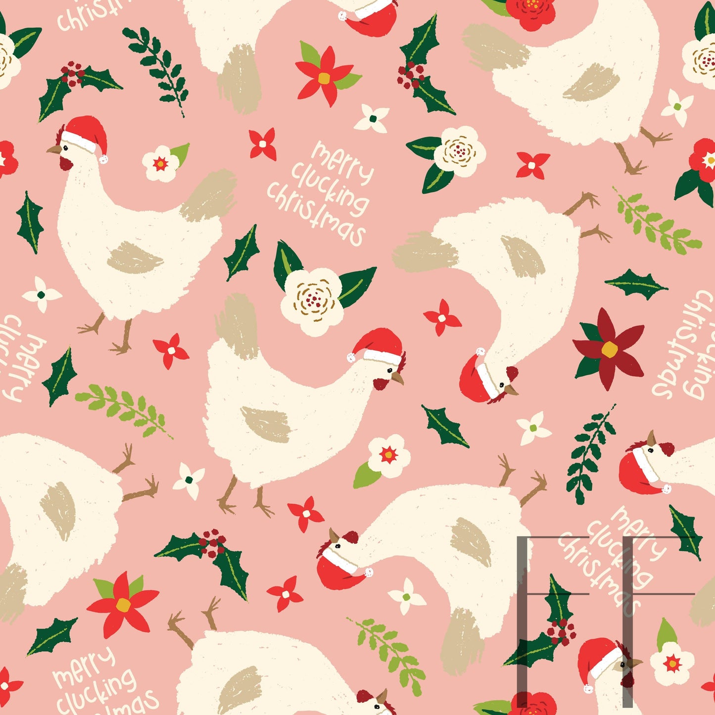 Merry Clucking Christmas dusty pink raspberry Pattern