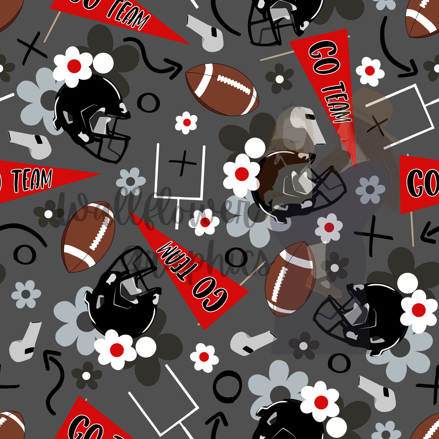 Red and Black-Gray Floral Footballs