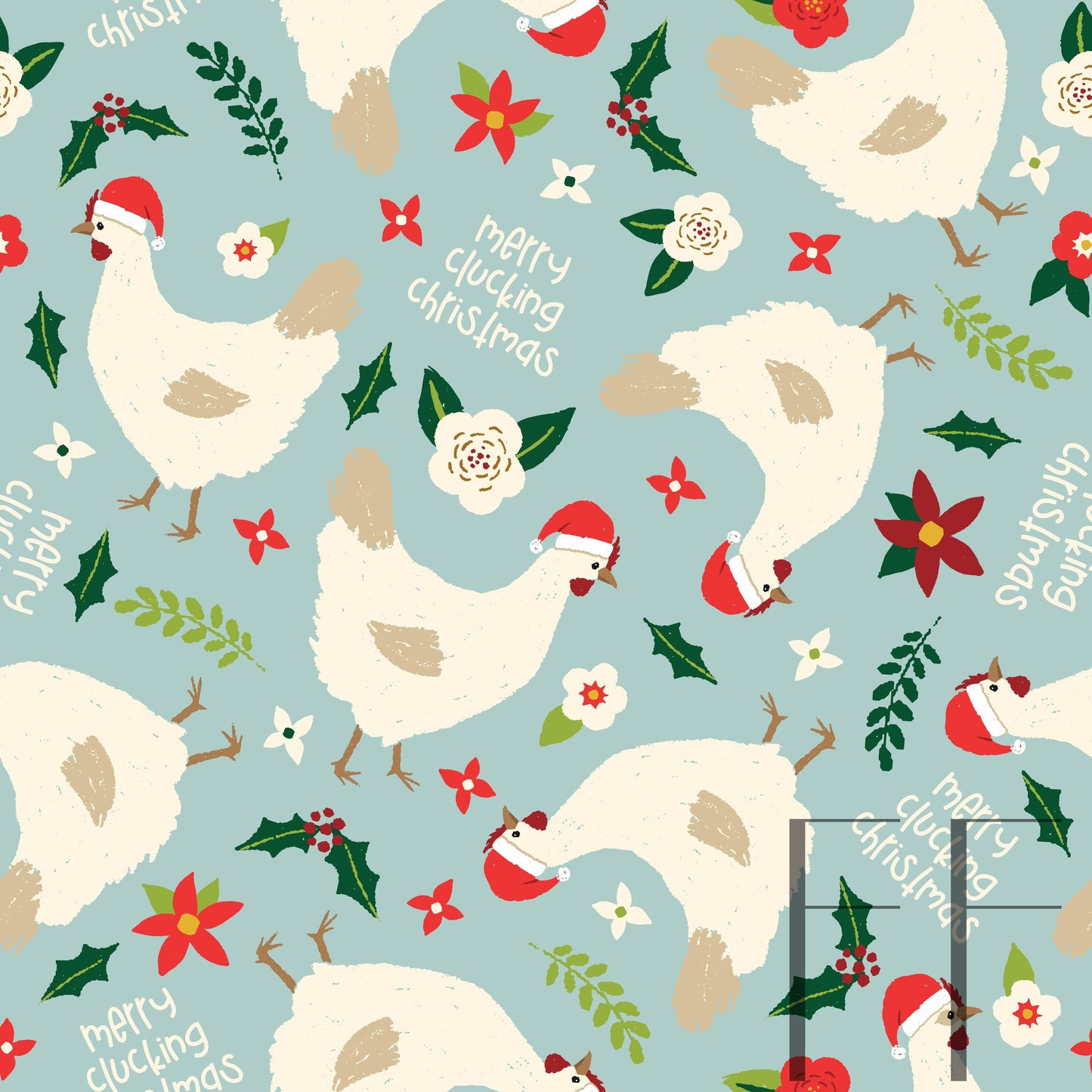 Merry Clucking Christmas blue raspberry Pattern