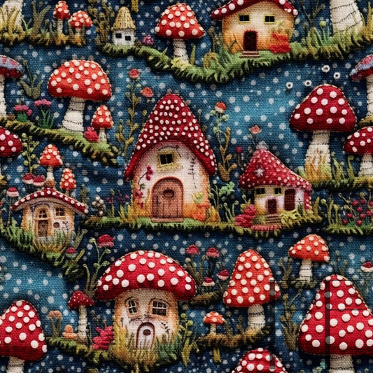 Red Mushroom House Embroidery raspberry Pattern