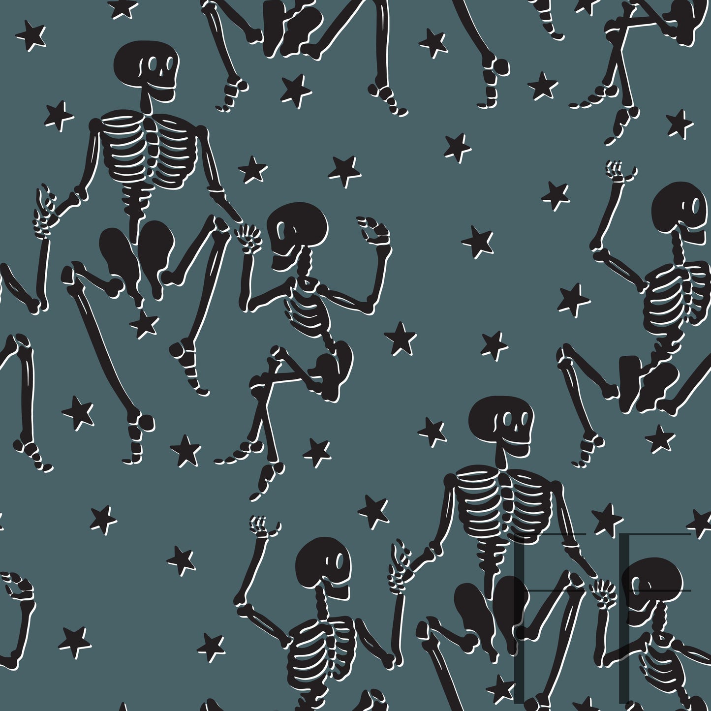 Dancing Skeletons Black on mid blue raspberry Pattern