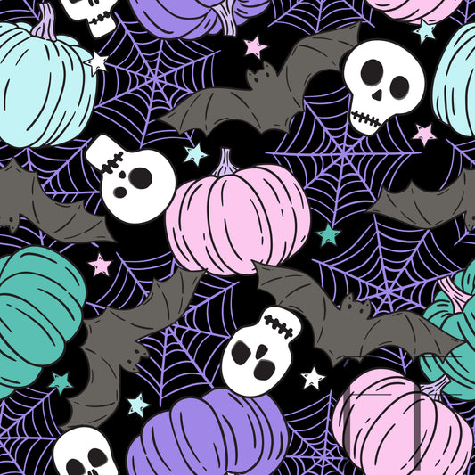 Halloween Pumpkins Skulls bats pastel black Bg raspberry Pattern