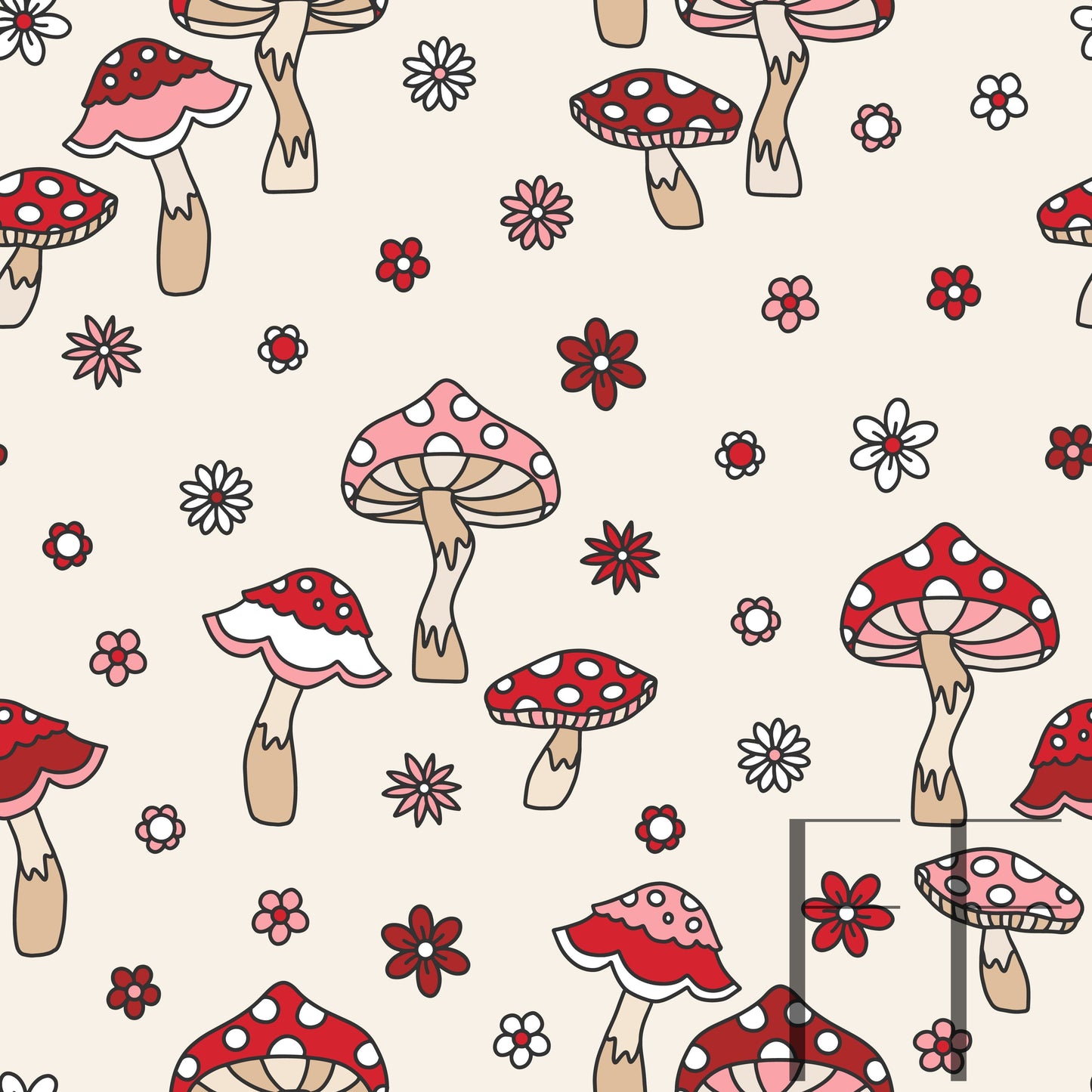 Retro Mushrooms Red on cream raspberry Pattern