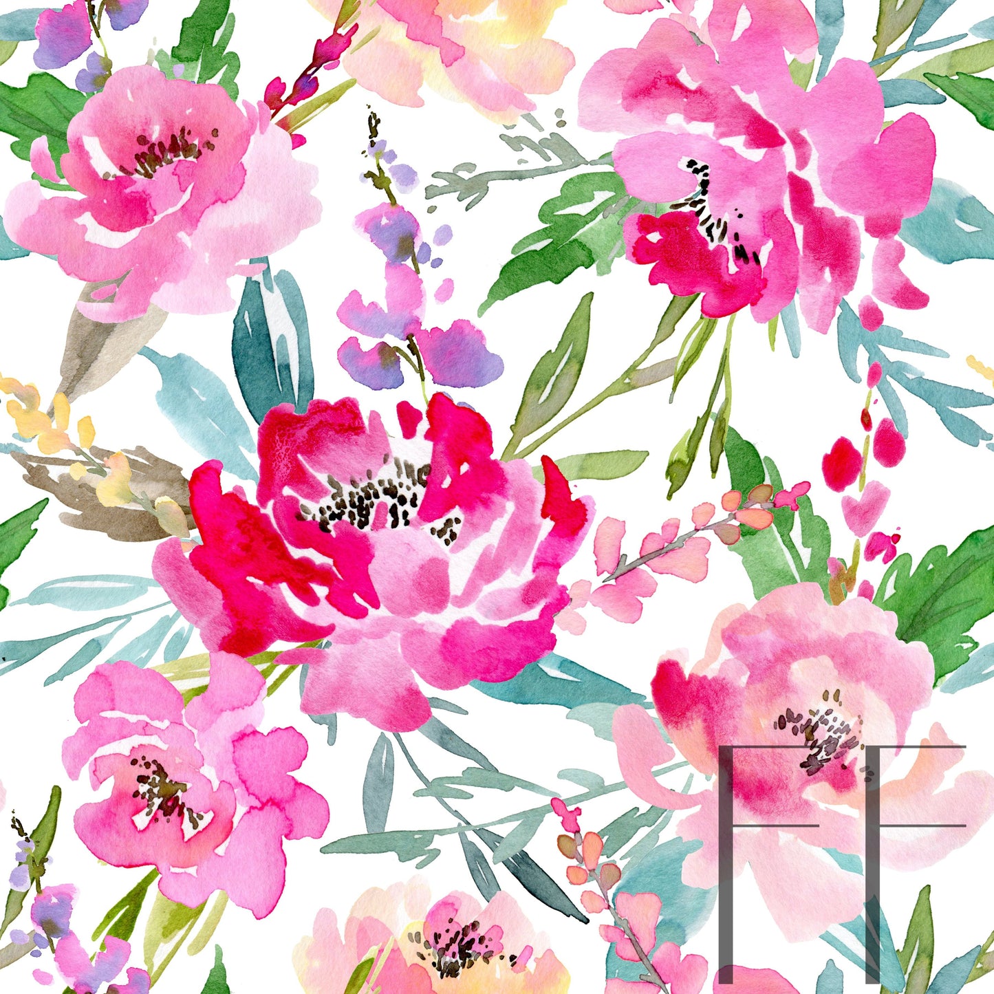 Summer Peonies Bright on white raspberry Pattern